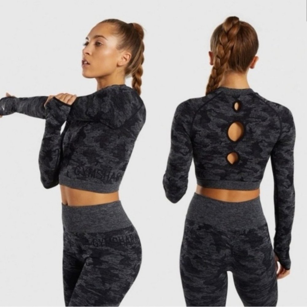 Gymshark Camo Seamless Long Sleeve Crop Top - Black - Size L